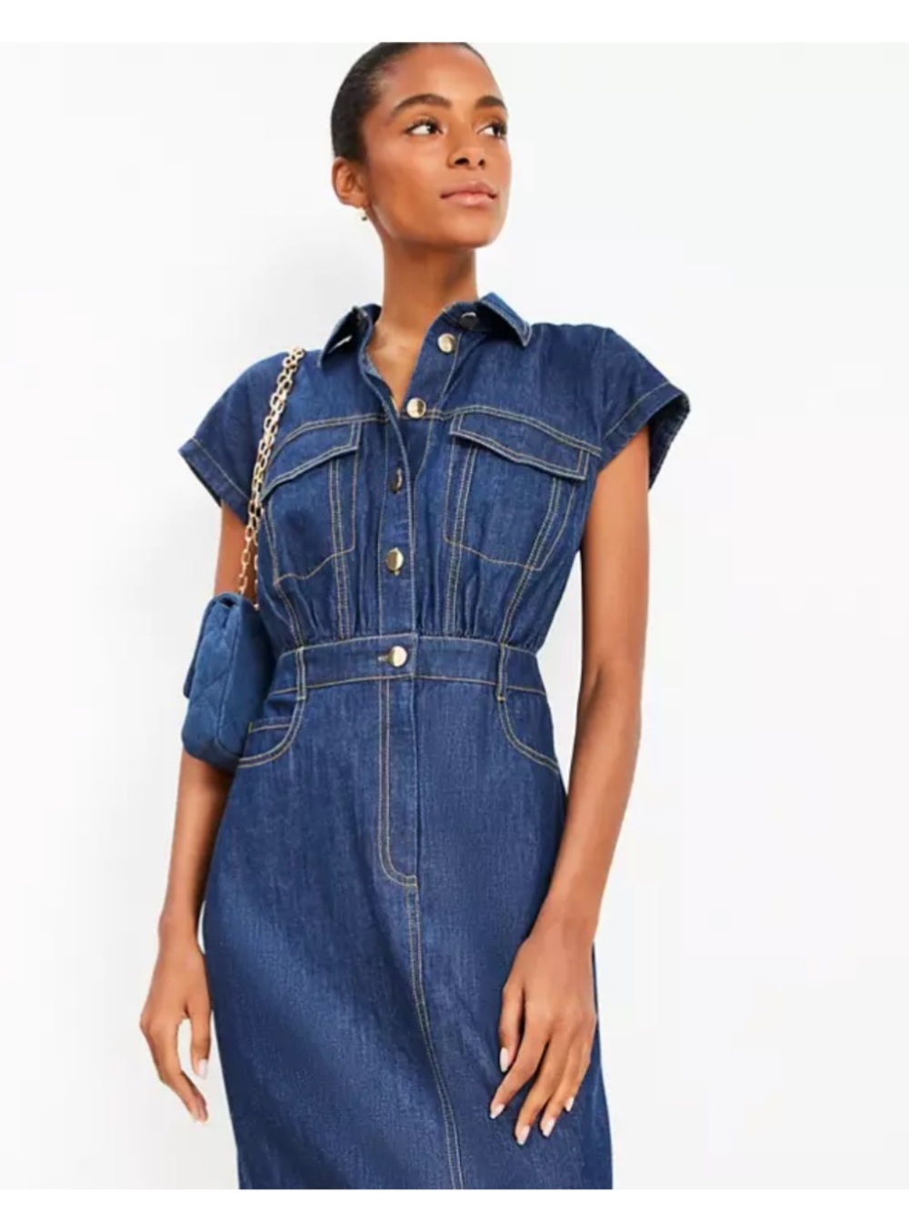 LOFT Dark Blue Denim Midi Dress with Button Front